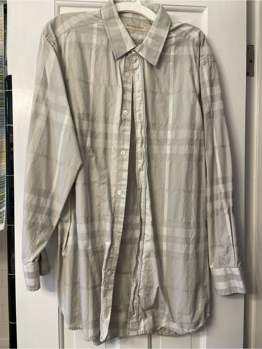 Burberry Men's Pale Gray Plaid Button-Up Shirt